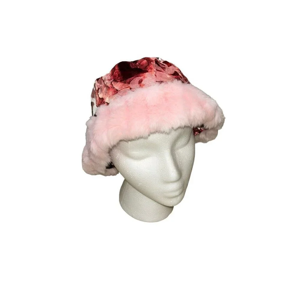 Bebemonde Girl's L Large Bucket Hat Velvet Faux Fur Trim Floral Print NWT